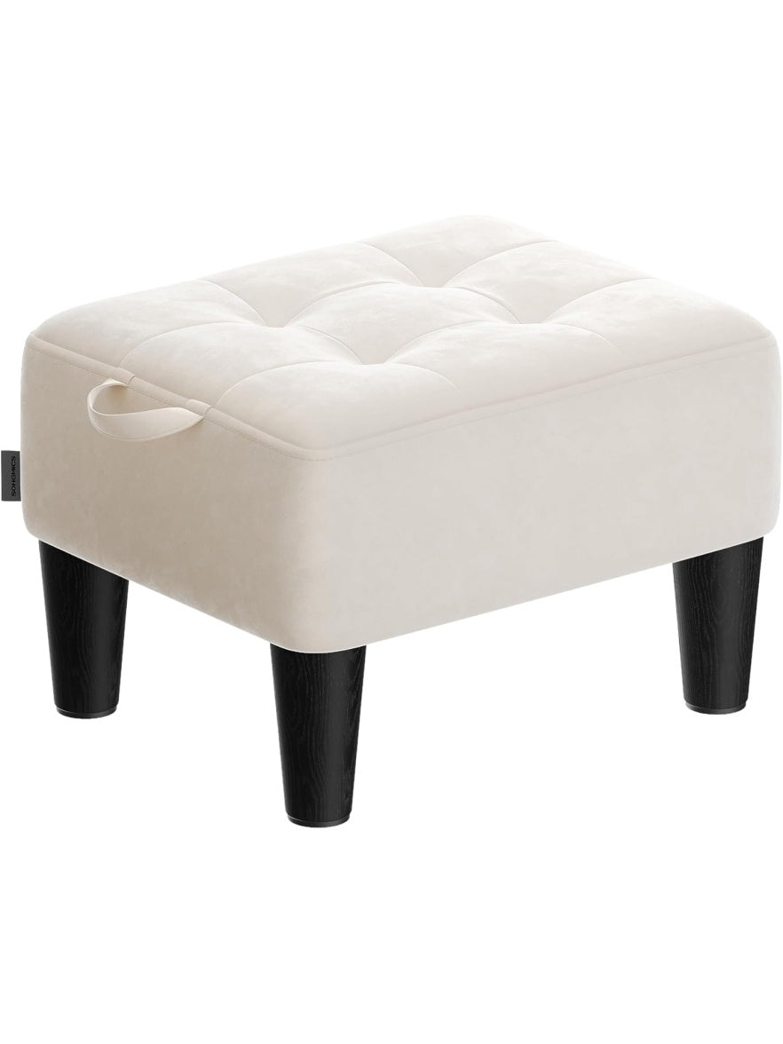Aksamitny podnozek z gruba tapicerka, elegancka otomana do salonu, sypialni lub przedpokoju, nosnosc 150 kg, bezowo-czarny