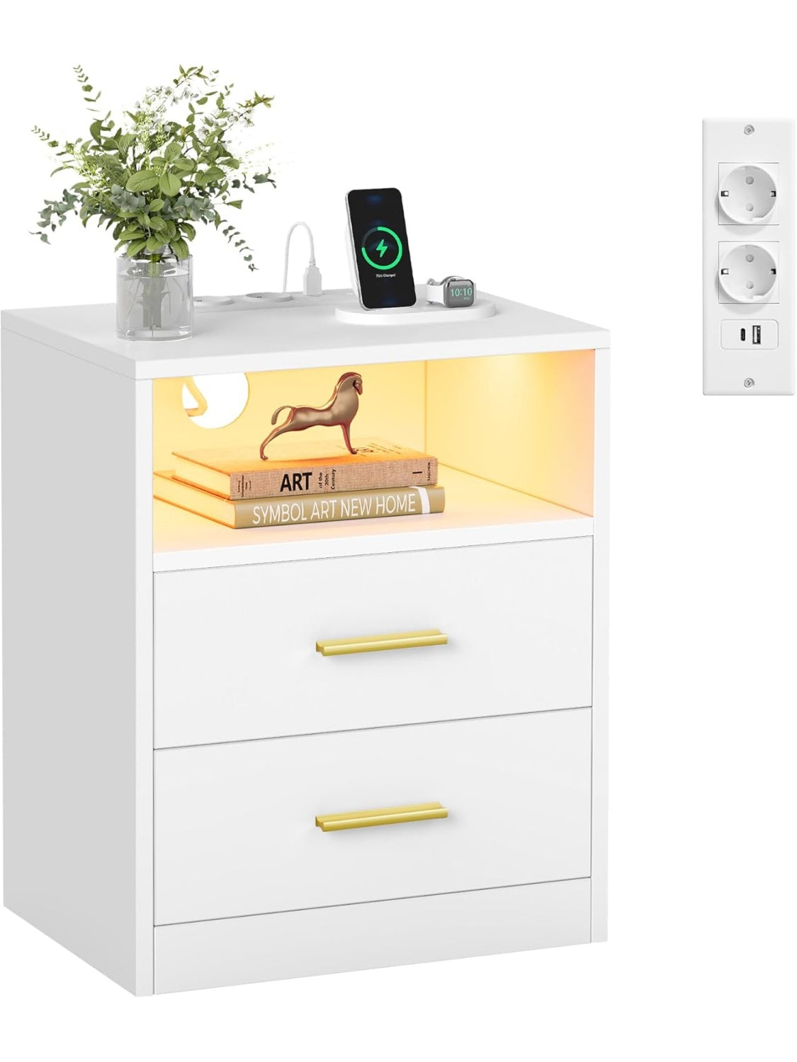 Szafka nocna ze stacja ladowania, oswietleniem LED, 2 gniazdami AC, portami USB i szufladami, nowoczesna, biala