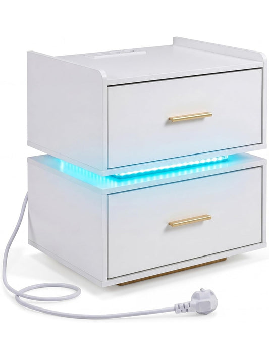 Stolik nocny z 2 szufladami, ladowaniem USB i Type-C, tasma LED RGB 16 kolorow oraz regulacja jasnosci, bialy