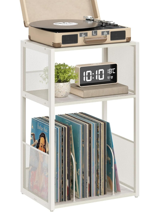 Stolik pod gramofon z 3 polkami i miejscem na okolo 100 plyt winylowych, bialy mebel do salonu lub sypialni
